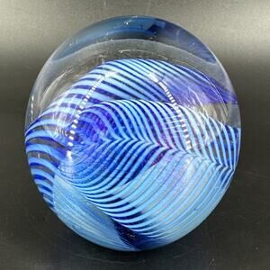 Vintage Lundberg Studios Art Glass Paperweight Blue Feathers Signed 1988